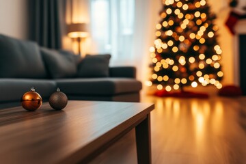 Poster - Christmas-themed living room features a wooden table adorned with ornaments, blurred string lights in the background, producing a warm, festive ambiance