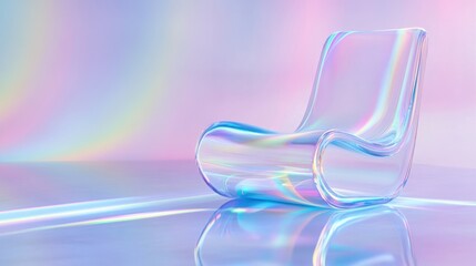 Poster - Iridescent glass chair with futuristic design reflecting on a pastel background, creating a colorful and modern atmosphere
