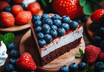 Poster - Close up view of a delicious dessert slice, topped with fresh berries and a glossy glaze. Surrounded by strawberries, raspberries, and fresh mint