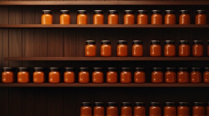 Poster - A collection of honey jars is aligned on a rustic wooden shelf, warm light accentuating the golden shades and unique textures of the glass jars, with space for text