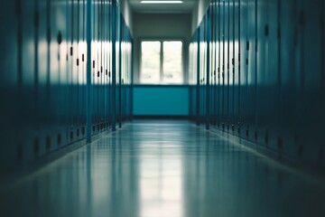 Poster - Bright natural light filters through high windows, illuminating a corridor formed by stacked steel shelves, emphasizing the contrast of light and shadow