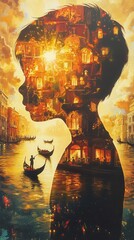 Poster - Child's silhouette reveals vibrant cityscape at sunset near waterway with gondolas and warm lights