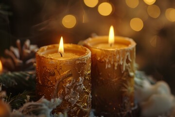 Poster - Two lit golden christmas candles surrounded by festive decorations, creating a warm and inviting holiday atmosphere