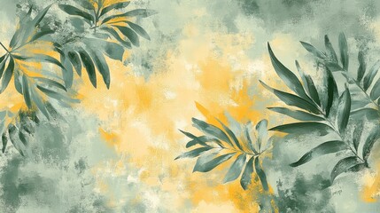 Poster - Textured background with soft green and yellow hues featuring delicate foliage accents