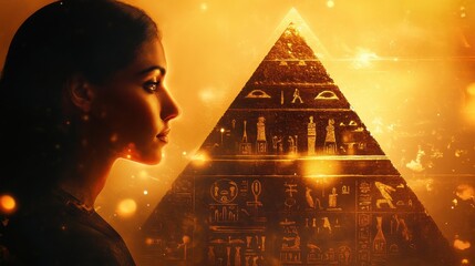 Poster - Surreal representation of a glowing woman against a pyramid with ancient symbols