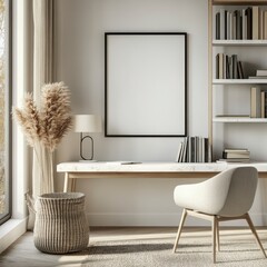 Wall Mural - Neutral toned home office features a light wood desk, beige chair, pampas grass, and a large empty frame. Bright natural light streams in from a