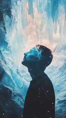 Poster - Surreal portrait of a man glowing amidst shimmering ice formations in a mystical cavern