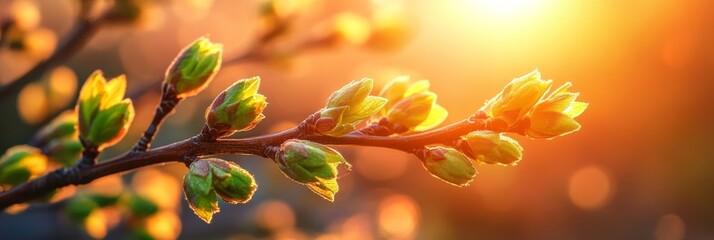 Canvas Print - Vibrant Spring Green Freshly Unfurling Leaves Bathed in Warm, Backlit Sunlight on Branch