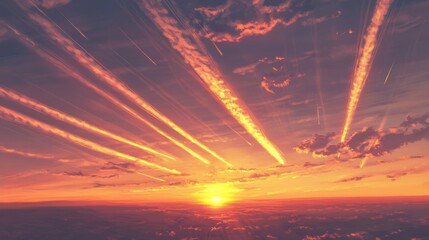 Poster - Surreal airplane glowing in the twilight sky with radiant sunbeams illuminating clouds