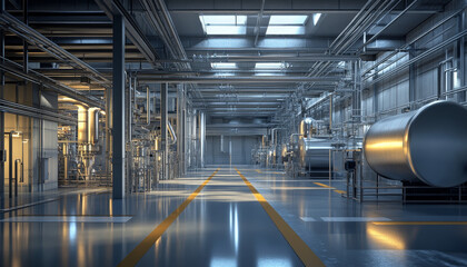 Poster - modern oil processing plant with clean structures and machinery