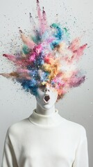 Aufkleber - Mannequin with an exploding head filled with vibrant, colorful powder represents the chaos of information overload, stress, and the sparks of creative thinking and imagination