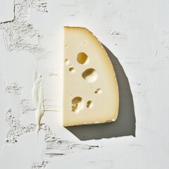 Poster - Single slice of swiss cheese placed against a textured white background showcasing its unique holes and pale coloration