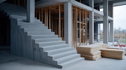 Wall Mural - Modern Concrete Staircase in a Construction Site with Wooden Materials and Framework Visible in the Background