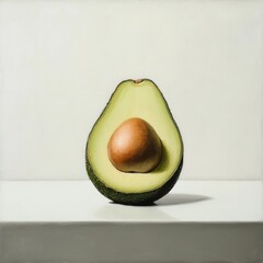 Poster - Ripe avocado half showcasing creamy green flesh and brown seed against a neutral background in natural light