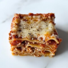 Poster - Delicious layered lasagna served on a white plate with rich sauce and melted cheese