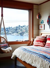 Canvas Print - Cozy bedroom with a waterfront view, featuring a hanging chair, striped blankets, and natural light. 