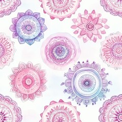 Aufkleber - Serene watercolor doodle with colorful floral mandala patterns against a soft background