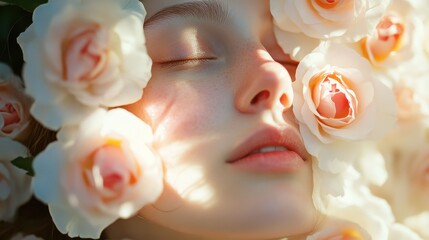 Poster - Portrait of a serene woman with glowing skin surrounded by soft pink roses in natural light