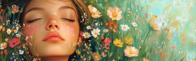 Poster - Serene woman's face glowing softly amidst vibrant wildflowers in a sunlit meadow