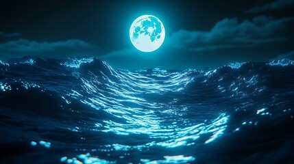Poster - A holographic ocean with glowing waves reflecting the light of a digital moon 