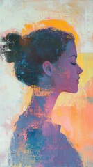 Poster - Serene portrait of a woman glowing with warmth against a vivid, colorful background at sunrise
