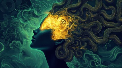 Poster - Portrait of a serene woman with glowing hair surrounded by swirling colors in a mystical atmosphere
