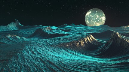 Poster - A holographic ocean with glowing waves reflecting the light of a digital moon 