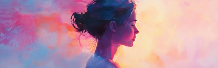 Poster - Serene portrait of a woman glowing with soft hues of pastel colors at sunset