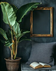 Poster - Dark moody interior scene with a large green plant, a dark gold ornate frame, a dark gray pillow, and an open book