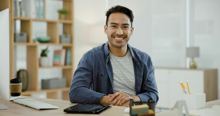Aufkleber - Portrait, businessman at desk with smile and confidence at tech startup, online creative with pride and business. Digital consultant, professional administration or face of happy man in modern office