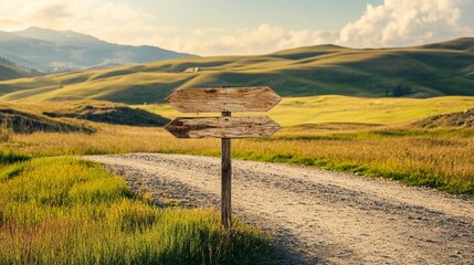 Aufkleber - Two weathered wooden arrow signs on a post stand at a crossroads on a gravel road leading through a picturesque mountain valley, symbolizing choices, decisions, and the concept of selecting a path