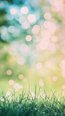 Poster - Peaceful green field with bokeh effect showcasing vibrant natural colors and tranquility in warm sunlight