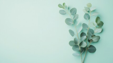 Poster - Fresh eucalyptus leaves arranged on a pastel mint green background for a calming aesthetic and nature-inspired decor