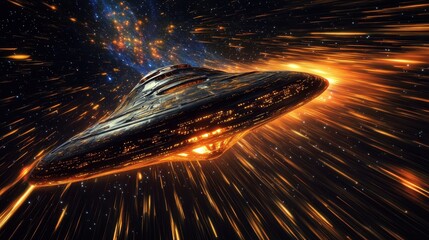 Poster - Mysterious spaceship traversing through a vibrant cosmic landscape filled with stars and colorful nebulas