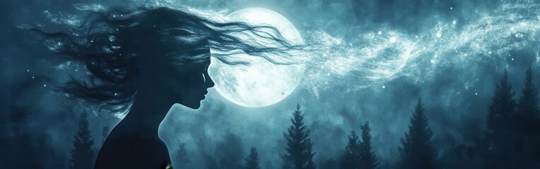 Poster - Mystical visualization of a woman's profile against a full moon with swirling cosmic elements in a dark forest setting