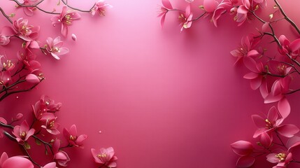 Wall Mural - Pink floral background with blossoms arranged around a textured pink backdrop. Soft lighting and delicate flowers create a serene and romantic