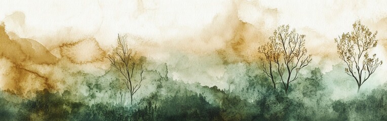 Poster - Watercolor landscape illustrating serene nature with misty mountains and trees at dawn