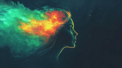 Poster - Mystical glowing woman with vibrant colors emanating from her hair in a dark ethereal setting