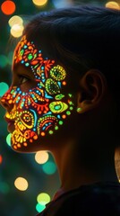 Leinwandbilder - Glowing child with intricate designs on face illuminated by vibrant lights during a magical evening celebration