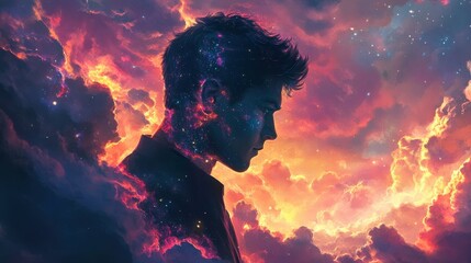Poster - Mystical portrayal of a man's profile glowing amidst celestial colors and cosmic effects in a dreamy landscape