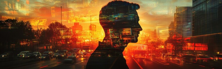 Leinwandbilder - Mysterious silhouette of a man overlaid with vibrant cityscape at sunset