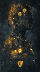 Aufkleber - Mystical profile of a man filled with golden symbols and shields representing history and valor