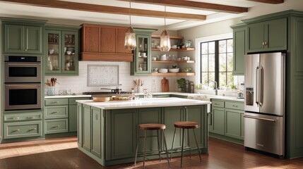 Poster - Modern kitchen with sage green cabinets and open shelving bathed in natural light, showcasing a contemporary design style