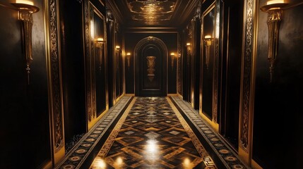 Poster - Hallway featuring dramatic black and gold accents with ornate lighting and intricate flooring design
