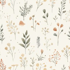 Poster - Gentle watercolor doodle drawings of flowers and plants on a light background showcasing soft colors in a serene arrangement
