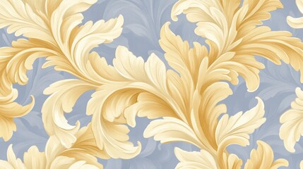 Poster - Elegant beige and light blue acanthus leaf pattern wallpaper. Perfect for home decor or design projects.  Detailed, ornate design
