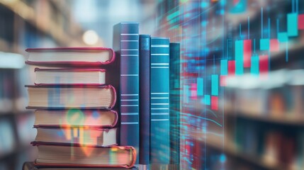 Poster - Double exposure showcasing a stack of books blending with data visualization in a library setting