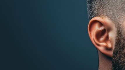 Aufkleber - Close up of a male ear, highlighting its healthy structure and emphasizing the importance of hearing and sound perception in human experience, set against a dark, uncluttered background