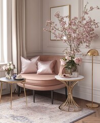 Wall Mural - Pink velvet round chair with cushions, gold side tables, and blooming pink cherry blossoms in a corner of a room