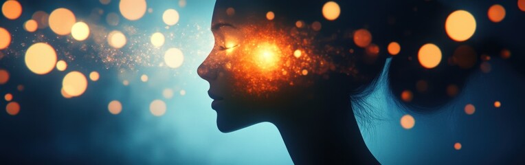 Poster - Glowing woman surrounded by ethereal lights in a serene setting, offering a moment of tranquility and reflection